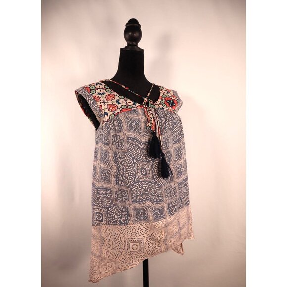 Knox Rose Boho Chic Sleeveless Blouse - Blue & Beige Pattern Floral Size XS‎ - Picture 1 of 11